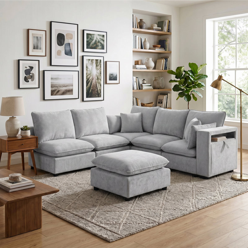 Canapé modulaire moderne de 93,7 po, canapé modulaire, canapé-lit en L, repose-pieds mobile, accoudoirs de rangement et ports USB, mousse haute densité et coussins élégants cousus