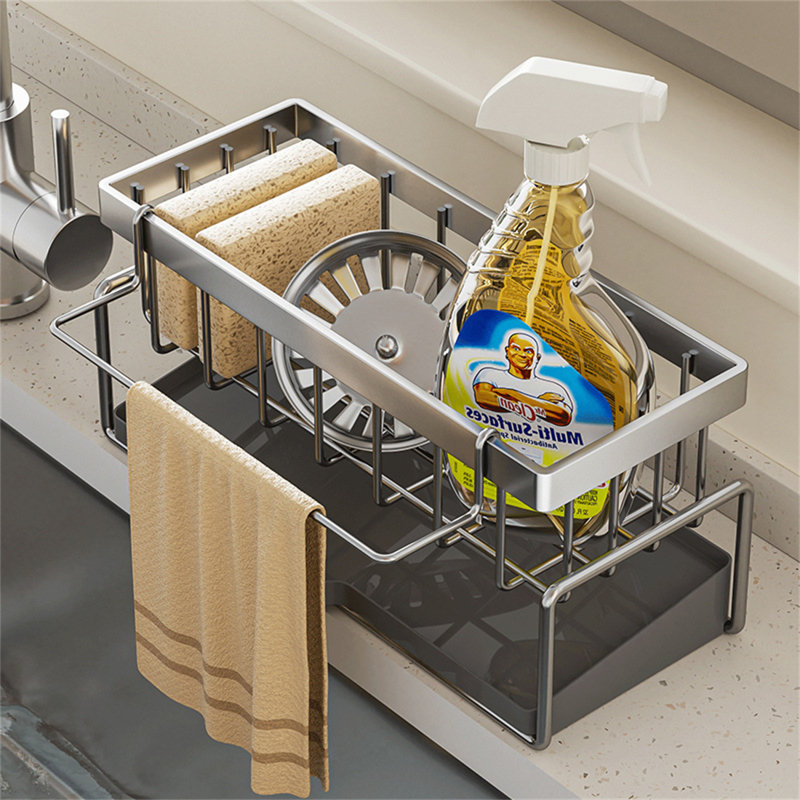 Organisateur de chariot de cuisine avec égouttoir, distributeur de savon, porte-éponge et cylindre à baguettes