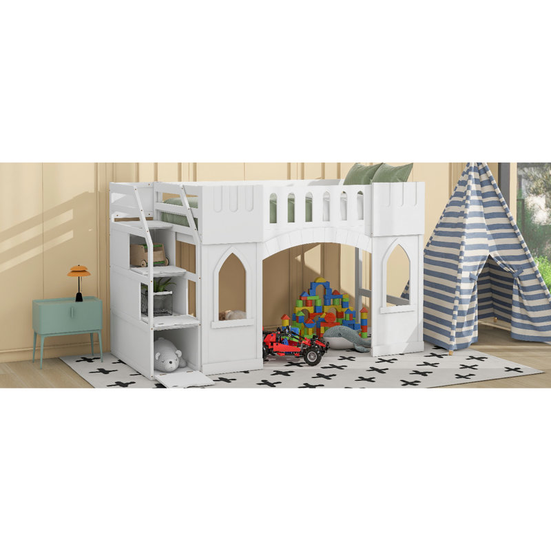Lit mezzanine simple avec escalier de rangement, blanc, Blanc