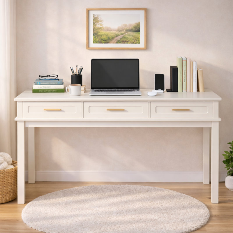 Meuble-lavabo moderne blanc crème avec 3 tiroirs - Table de maquillage et bureau d'écriture pour chambre à coucher