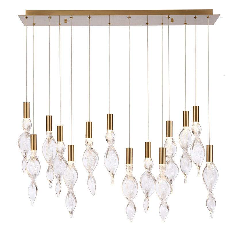 Luminaire suspendu linéaire de 50 pouces en laiton naturel avec verre tire-bouchon transparent fabriqué à la main Cosper