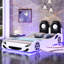 Lit blanc de style voiture de course simple avec fonction à DEL et repose-lit rembourré confortable, bois - support pour le dos équipé de DEL, coffre-fort élégant-616396373
