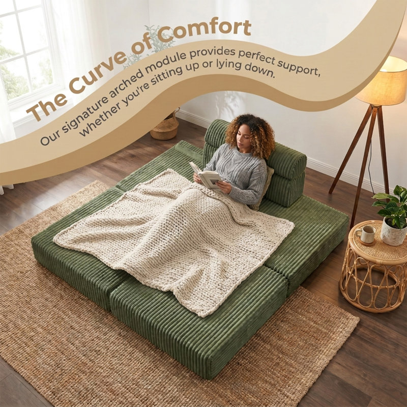 Sisle 106" Boneless  L Shaped  Sectional Corduroy Upholstered Modular Compression Sofa, Green Corduroy