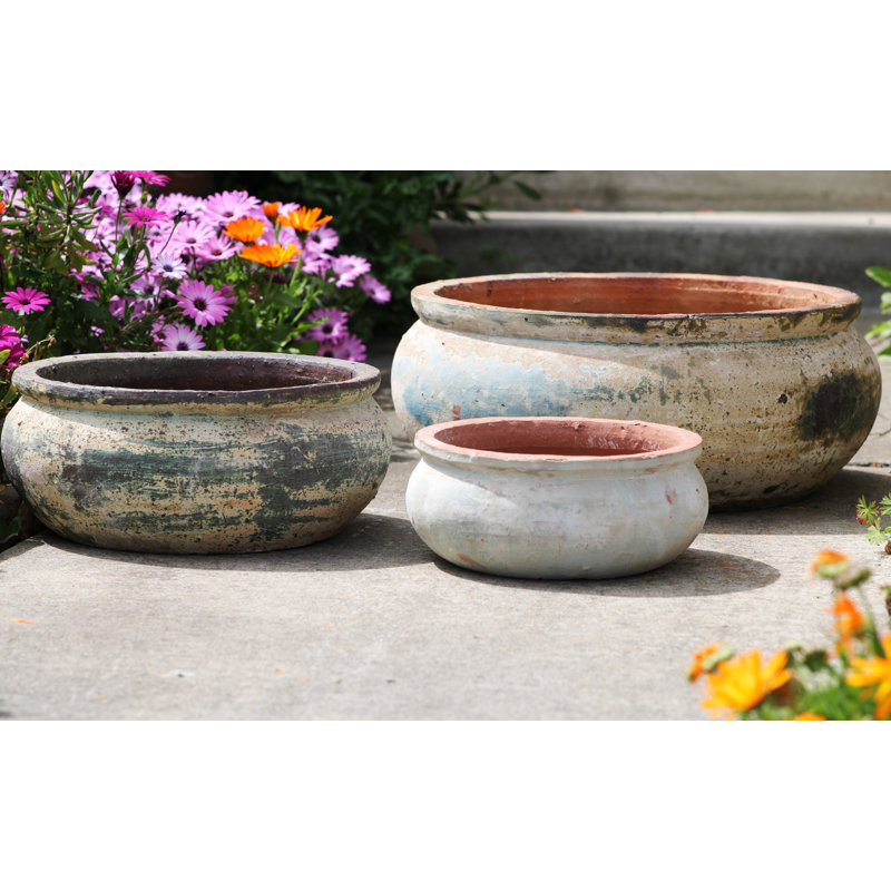 Pots de fleurs bas Parco en terre cuite à bord arrondi, lot de 3 - Intérieur/Extérieur, Blanc héritage