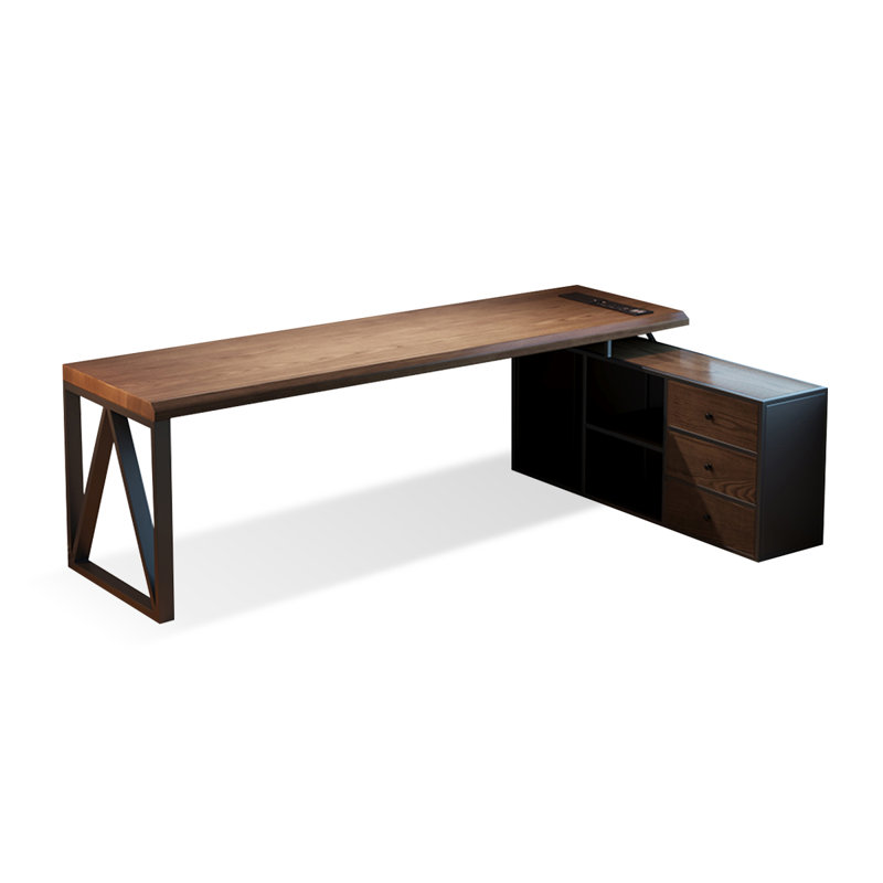 Bureau à 3 tiroirs brun noyer + bois massif rectangulaire noir + fer avec 3 tiroirs, H 29,53 po x l 78,74 po x P 23,62 po