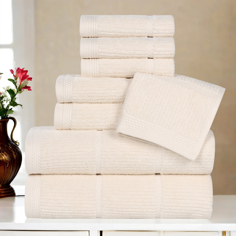 Milo Smart Twist Viscose Cotton Blend Medium Weight Quick Dry Solid Ribbed 8 Piece Bath Towel Set, Ivory, 8 Piece Towel Set