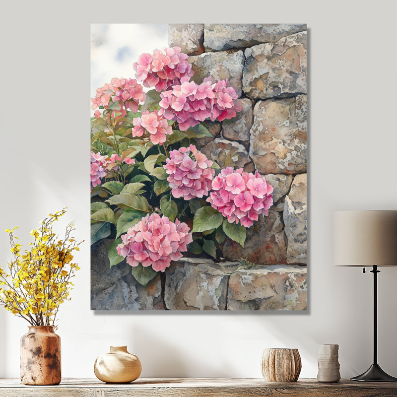 Hortensias dans un jardin de pierre - hydrangées, impression murale en métal, H 40 po x l 30 po