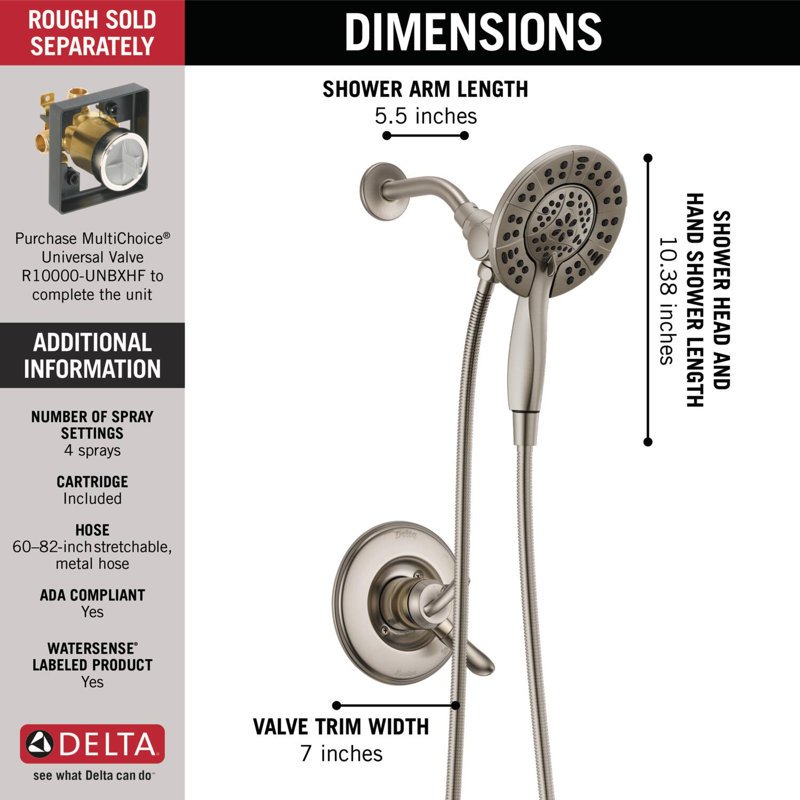 Linden 17 Series Dual-Function Shower Faucet, Shower Trim Kit with 4-Spray In2ition 2-in-1 Dual Hand Held Shower Head with Hose, Stainless (Valve Not Included)