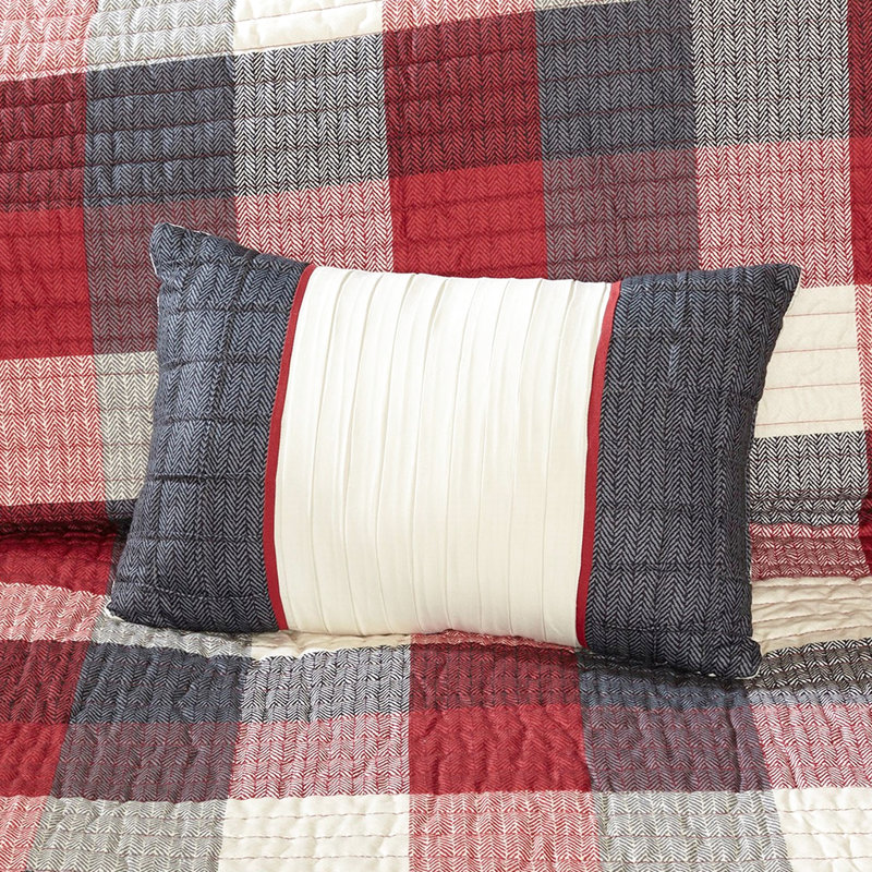 6 pièces courtepointe rouge à chevrons avec coussins décoratifs pour lit, motif à carreaux Buffalo, matériau, broderie cousue à la main sur des coussins décoratifs, aspect matelassé Channel, tissu écossais, chevrons,