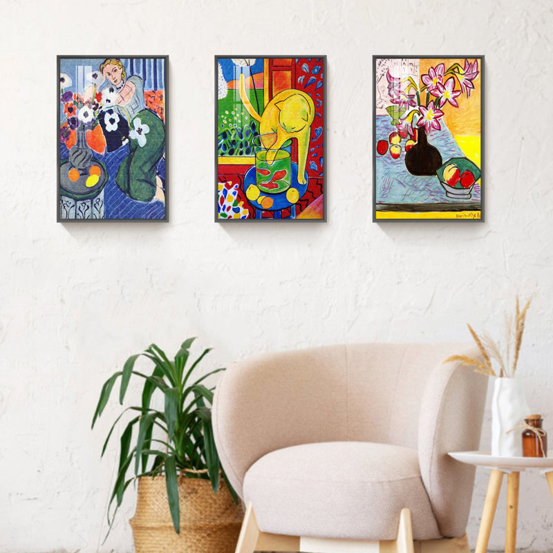 Ensemble de 3 toiles murales Matisse, "Chat et lis" par Henri Matisse, Noir, noir, noir, noir, H 16 po x l 36 po x P 1 po