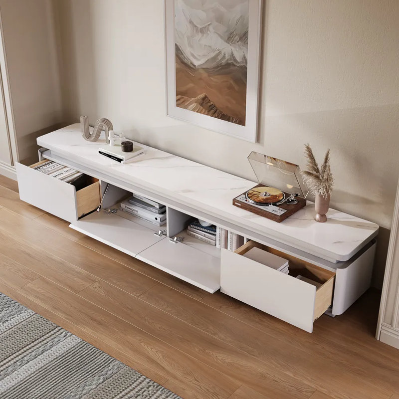 Modern TV Stand With Adjustable LED Lights, Sintered Stone Top, Fully Assembled, White, 15.75"H x 94"L x 15.95"W