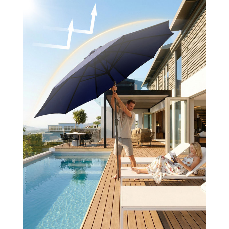 Parasol de table de marché avec parasol robuste de 10 pi avec 8 nervures renforcées, manivelle et inclinaison à bouton-poussoir pour piscine, terrasse, jardin, cour