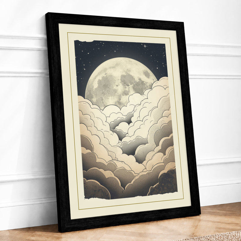Moon Above Clouds Scandinavian - Framed Print, A1 - 84.1 x 59.4 cm, Black