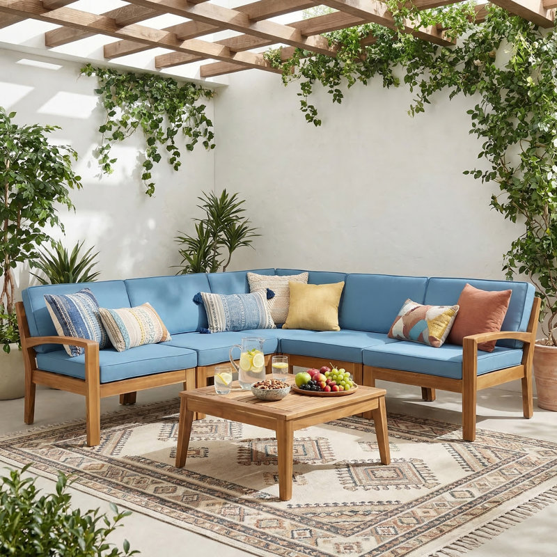 Ensemble de canapés modulaires en bois à 5 places Grenade, Bleu, Blue