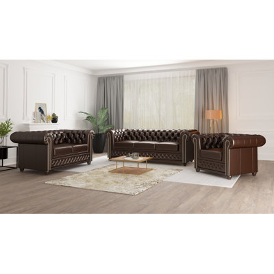 Chesterfield Erra 3 - Piece Living Room Set with Sleeping Function Made of Vegan Leather with Solid Wood Legs