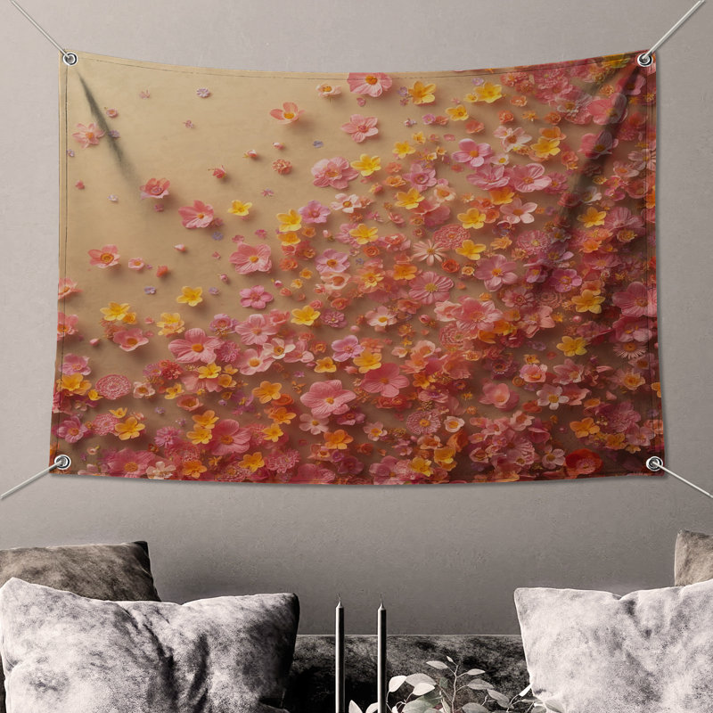 Tapisserie murale arrangement floral rose et jaune - fleurs, H 50 po x l 60 po avec 4 œillets