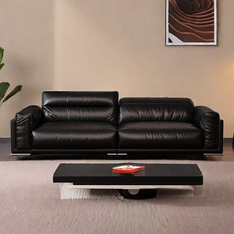 Bauhaus French retro black oil wax sofa, 31.49" H x 89.37" W x 43.3" D