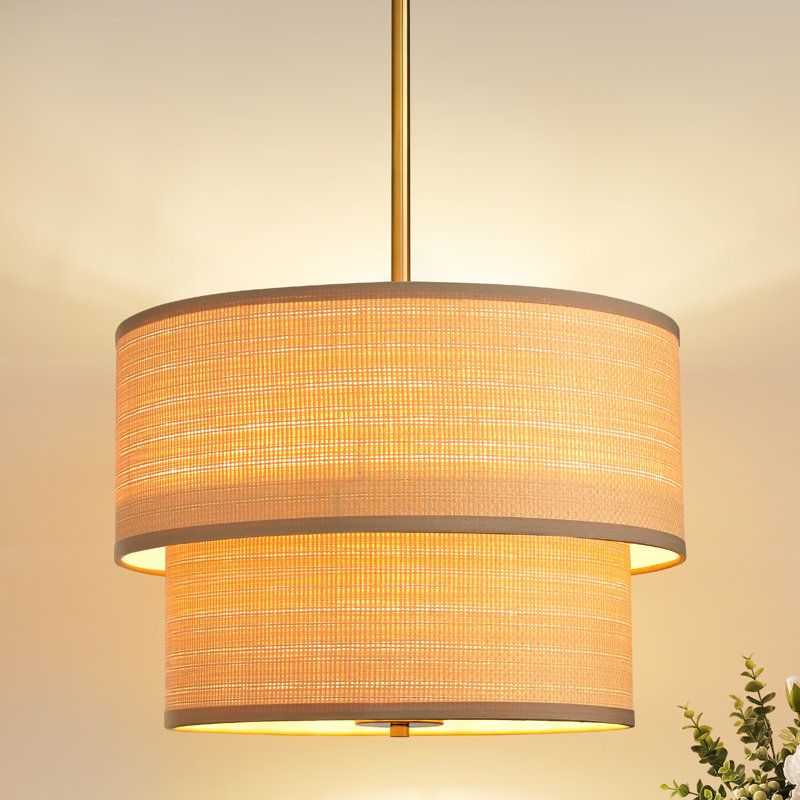 18 in 5-Light Boho Farmhouse Height Adjustable Pendant Light with Double-layer Natural Woven Linen Shade, Brushed Gold
