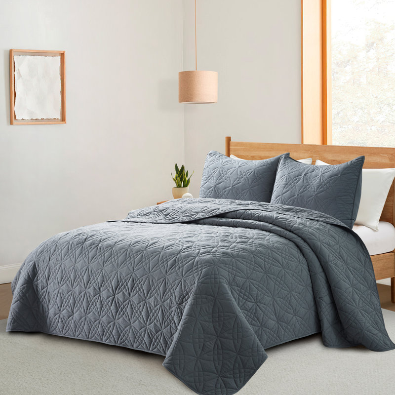 Stroman Quilted Microfiber Coverlet Set, Queen Quilt + 2 Standard Pillowcases, Dark Gray