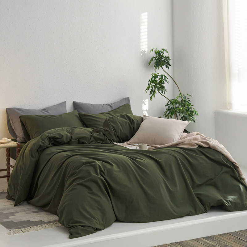 MooMee Duvet Cover Set with Zipper Closure & 8 Interior Ties 100% Washed Cotton Twill Soft Linen Like Textured, Olive Green
