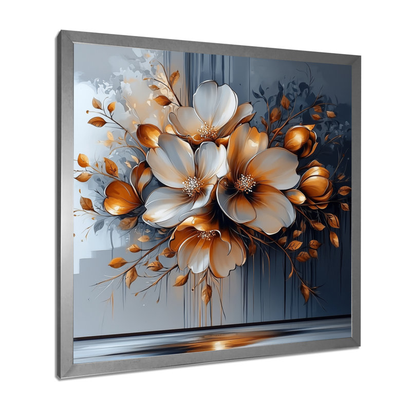 Fleur transitionnelle dorée abstraite II - art mural floral abstrait, Reproduction encadrée d'une seule photo, Argent argent