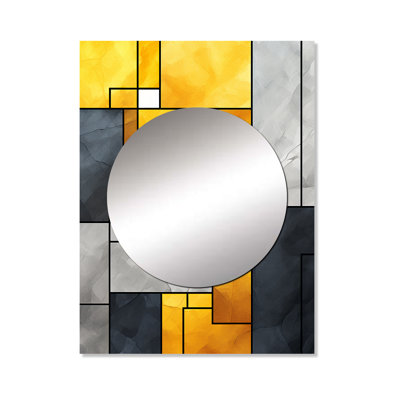 Jagar Yellow and Grey geometric fusion 5 - Geometric Mirror, Modern Decorative Wall Mirror, Printed Metal Art