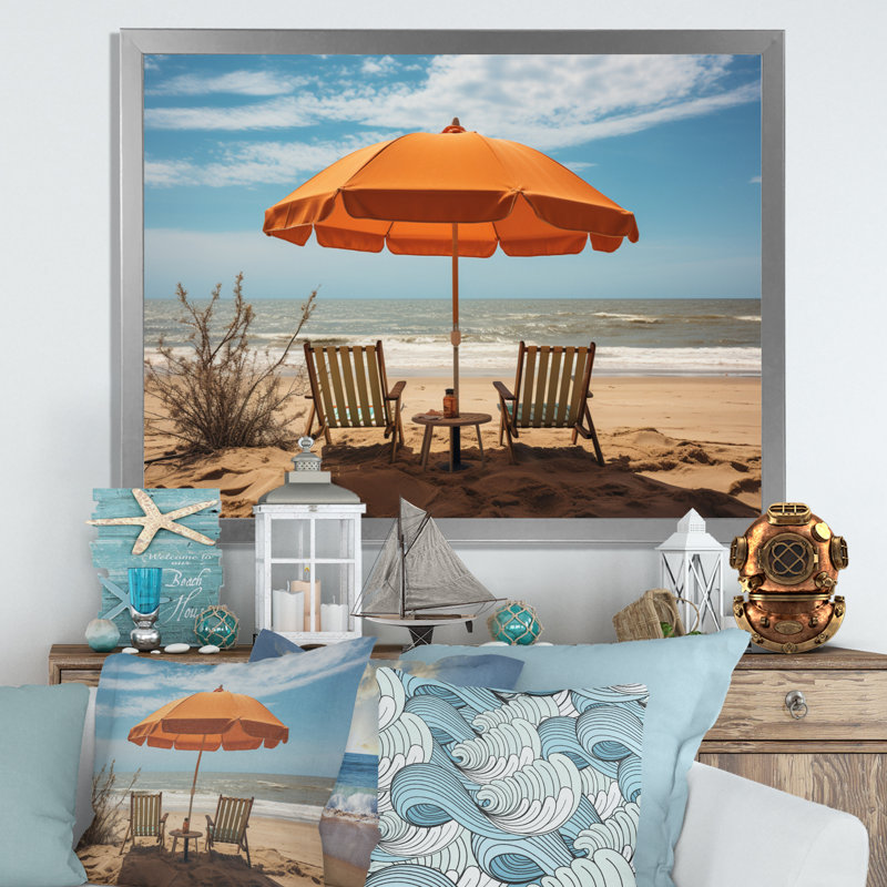 «Aliyaah Orange Beach Chairs III», reproduction sur toile, H 34 po x l 44 po x P 1,5 po, Cadre photo argenté