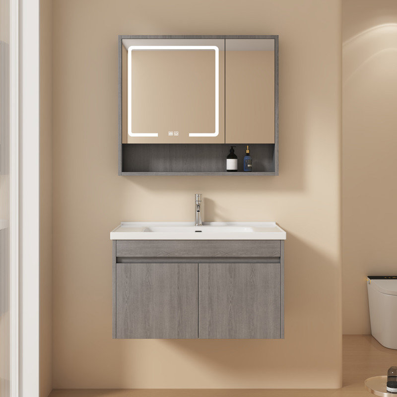 32 Inch Modern Floating Bathroom Vanity with LED Mirror Cabinet &Ceramic Sink Set,Wall Mounted Vanities with LED Medicine Cabinet&Lights&Mirror,Defog,Dimmer,(No Faucet)
