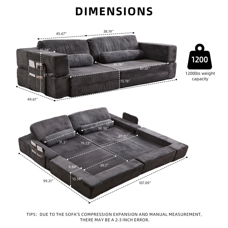 Canapé de jeu modulaire en mousse haute densité 2 en 1, convertible en canapé-lit pour enfants