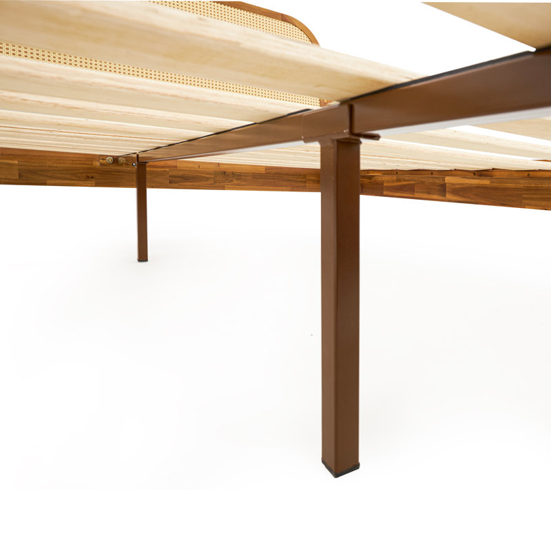 Beiro Solid Wood Rattan Platform Bed with Headboard, Bohemian and Mid-Century Bed Frame, Caramel, King