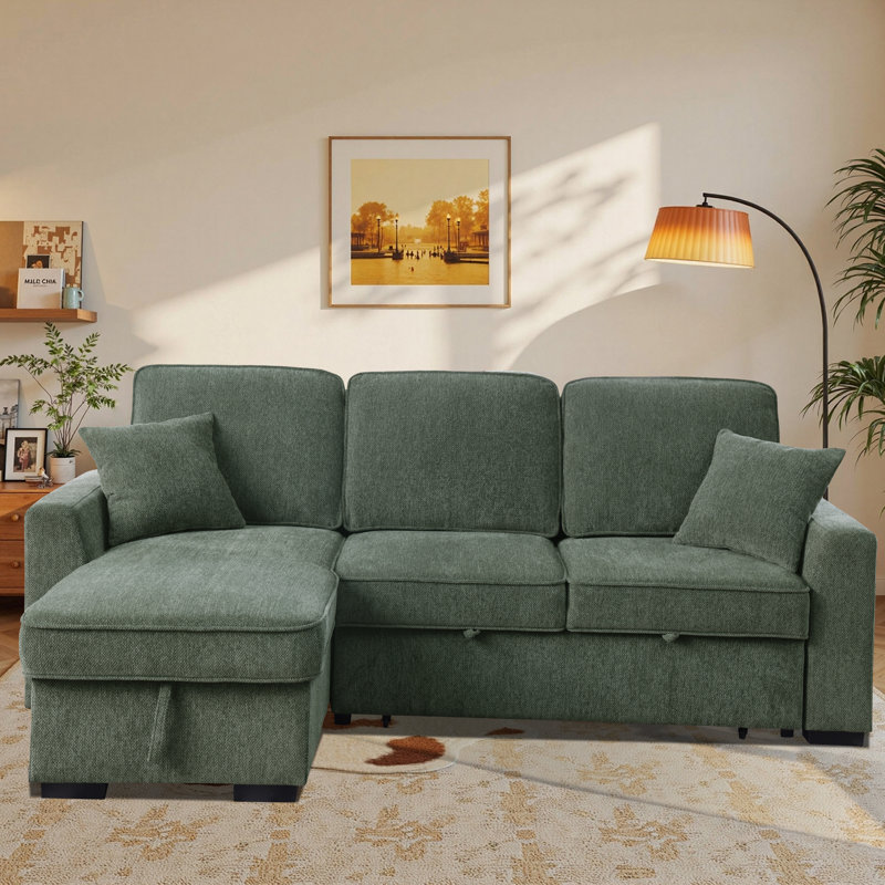 L-Shaped Sleeper Sofa Reversible Couch Pull Out Couch With Storage Chaise, Green Chenille