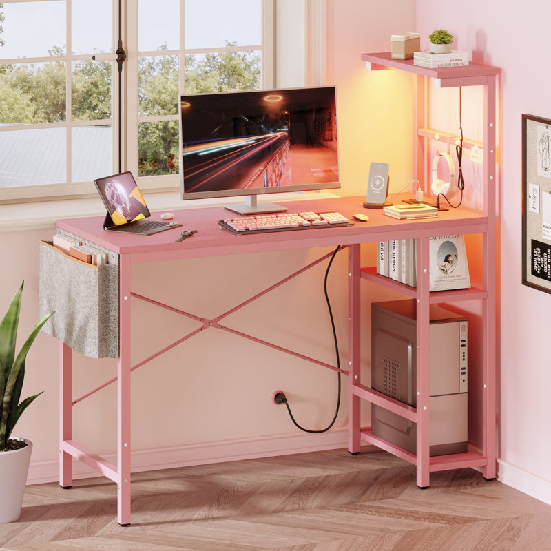 Johnothan LED Gaming Desk with Power Outlet,Computer Desk with Three Levels of Adjustable Shelves, Pink