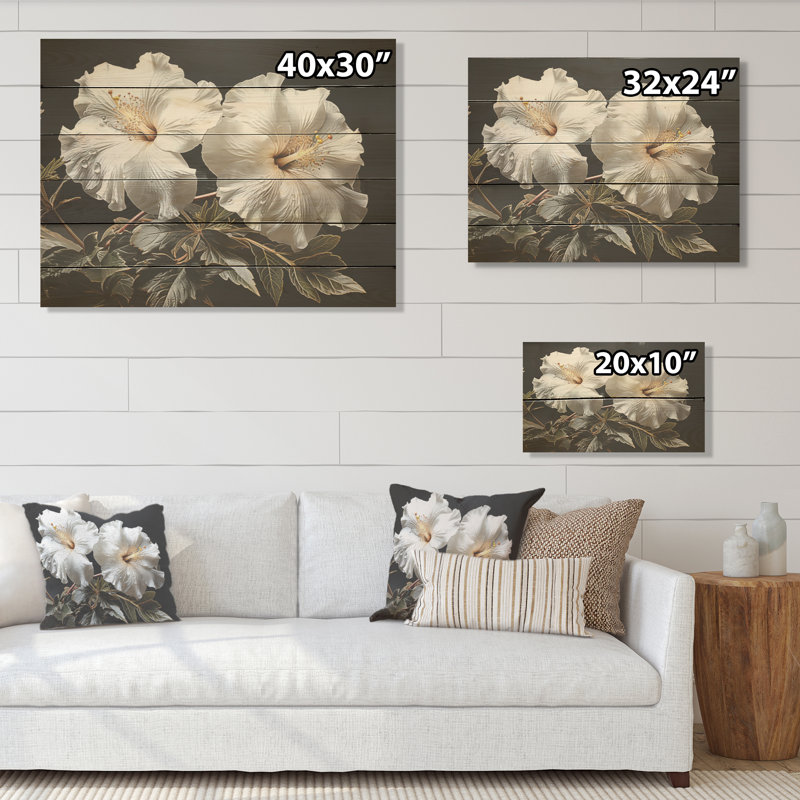 Fleurs d'hibiscus illuminées par Moonlig I - art mural en bois d'hibiscus sur bois de pin naturel, H 30 po x l 40 po
