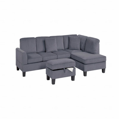 Basic Sectional Sofa, 3-Piece  Sofa Set With RAF Chaise (Right-Arm-Facing) And LAF Sofa (Left-Arm-Facing) Storage Ottoman Dark Gray Corduroy Couch Throw Pillows Modern