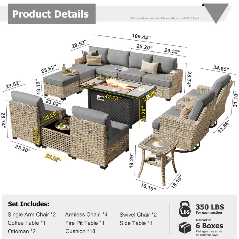 14- Person Rattan Outdoor Seating Group With Swivel Rockers and Fire Pit Table, Dark Gray