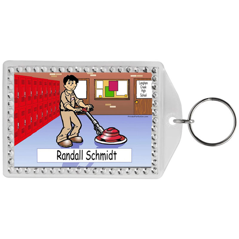 Personalized Name That Toon Custodian - Male Rhinestone Bordered Key Chain, Yes