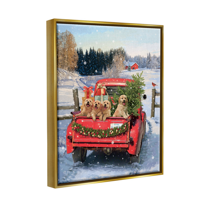 Chiots dans un camion des Fêtes par Jason Kirk, Cadre flottant métallique doré, H 31 po x l 25 po x P 1,7 po