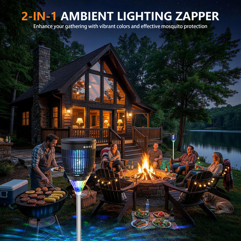 La lampe solaire 3-en-1 Bug Zapper avec lumière de flamme, 4200V, couvre jusqu'à 1 acre pour la cour de jardin