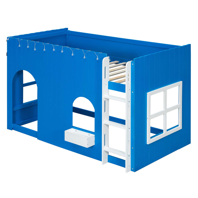 Lit mezzanine pour enfants avec éclairage à DEL chaud intégré et conception de maison de campagne, Bleu Klein
