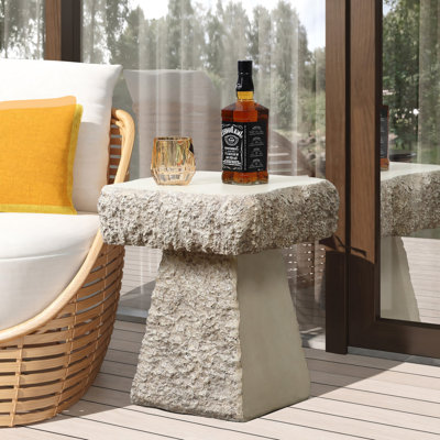 Brown Rock Square 18-Inch Tall Cement Side Table, Indoor and Outdoor