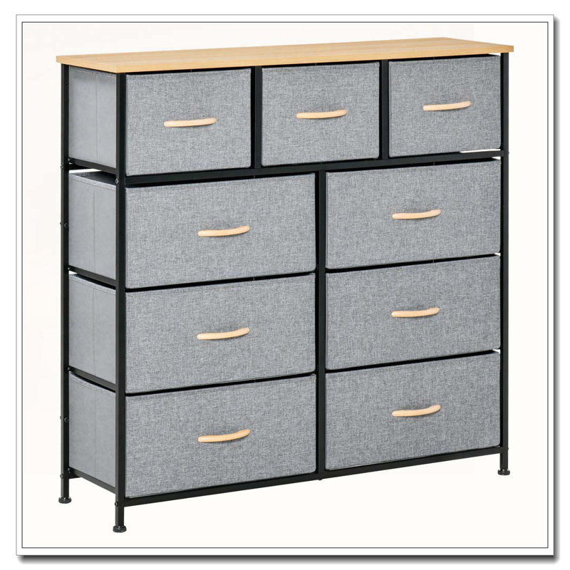 Unité de rangement de commode à 9 tiroirs avec structure en acier et plateau en bois