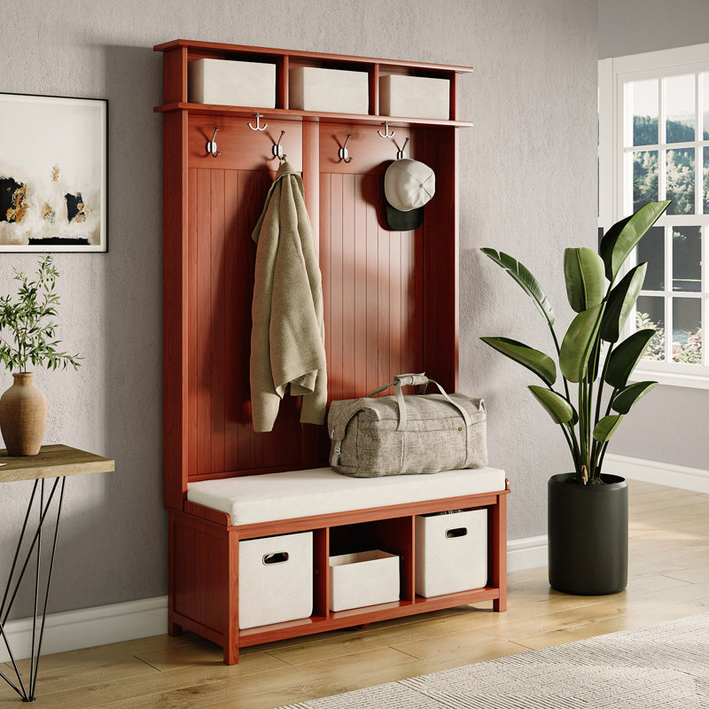 Red Mahogany Solid Wood Hall Tree with Storage Bins and Cushion