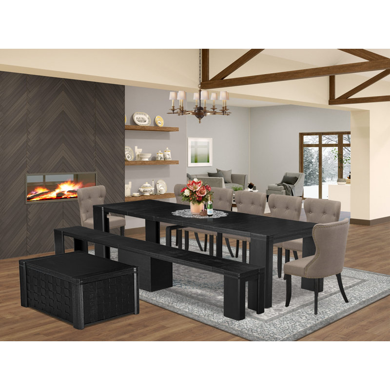 Ensemble de table de salle à manger 10 pièces comprenant une table de cuisine rectangulaire avec une table basse, un banc en bois et 7 chaises de salle à manger en tissu noir brossé