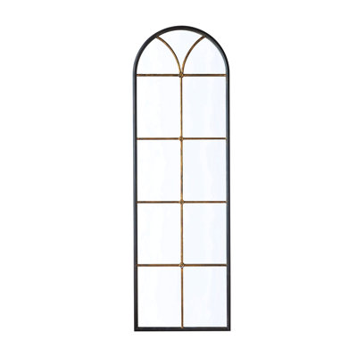 23.5X74.5" Arched Floor Mirror With Black And Gold Windowpane Design