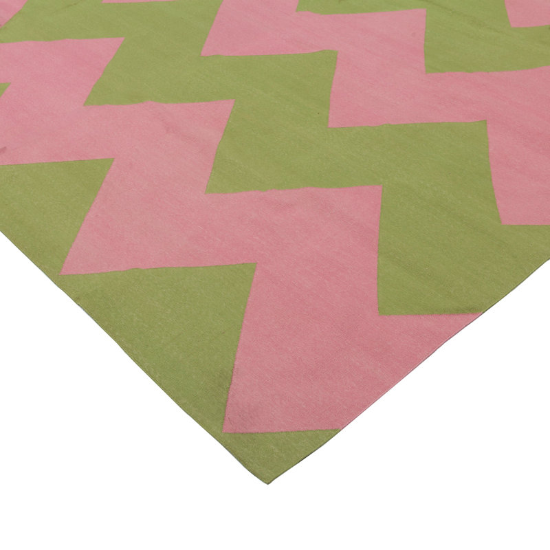 Pink & Green Chevron Dhurrie Cotton Rug - 8'10" x 11'10"