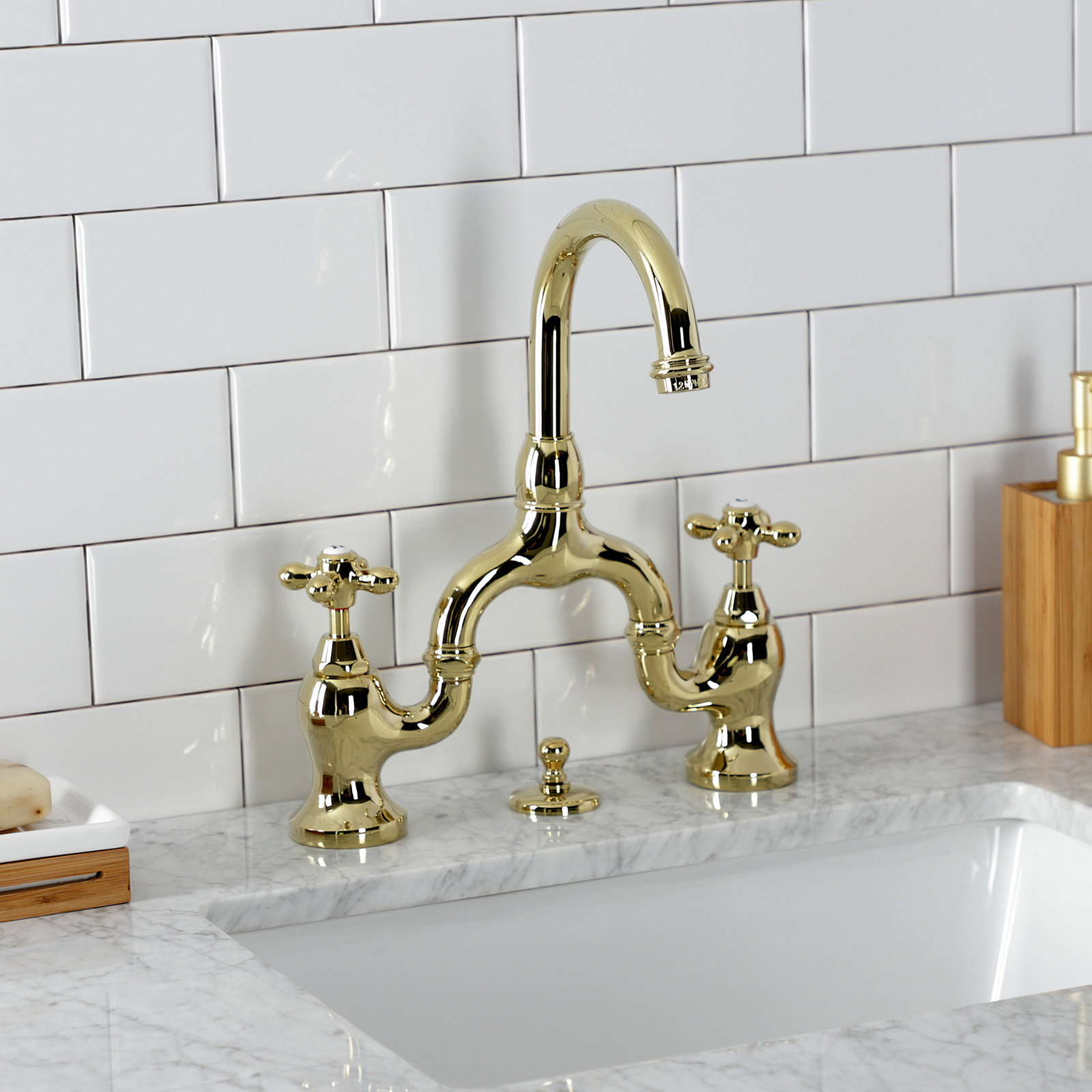 Kingston Brass English Country Two-Handle 3-Hole Deck Mount Bridge Bathroom Faucet with Brass Pop-Up, Brushed Nickel