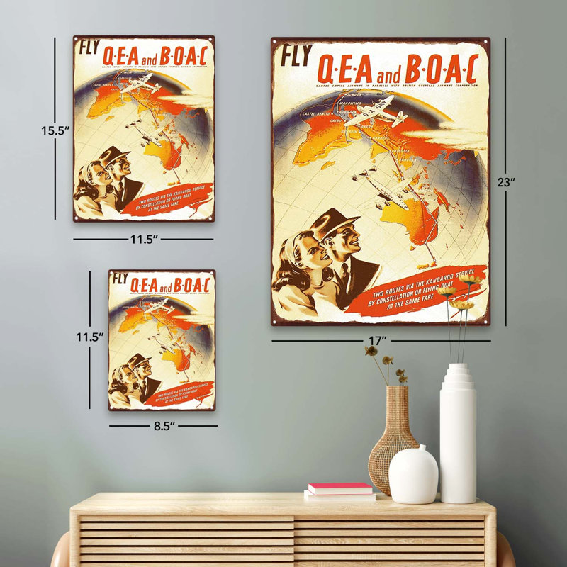 Vintage Fly Qea and Boac sur impression métallique, H 11,5 po x l 8,5 po x P 0,04 po