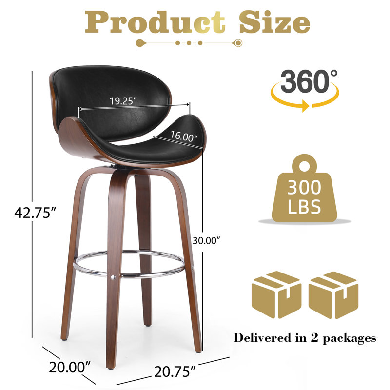 Corrigan Studio® 30" Modern Upholstered Counter Height Bar Stools, Swivel Bar Stools With Back, Black