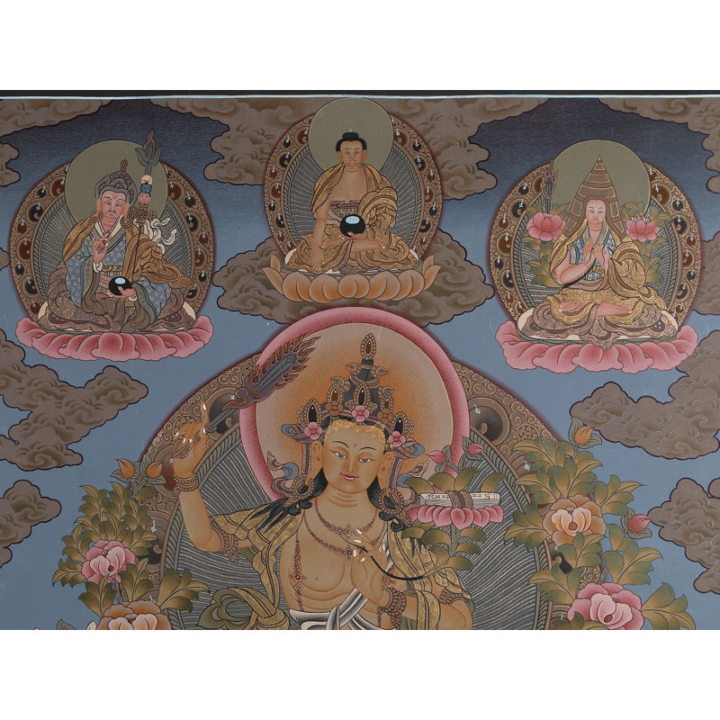 Manjushri - Le Bouddha de la Sagesse (Brocadeless Thangka) | Or pur 24 carats avec peinture acrylique