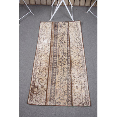Hand-Knotted Wool Area Rug in Small Size with Turkish Oushak Patchwork Design
